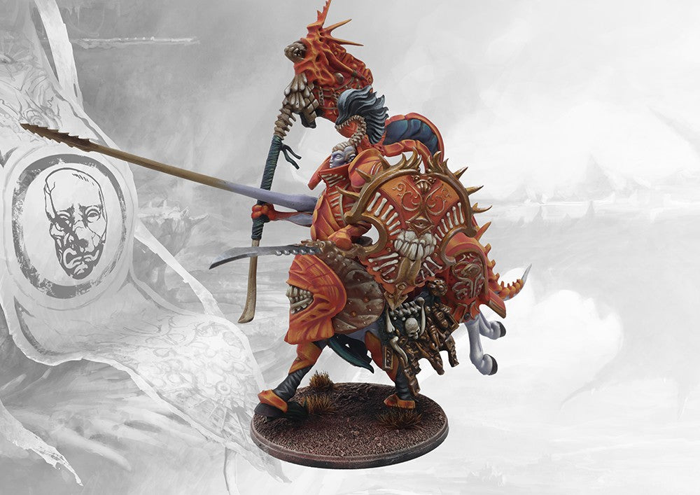 Dynamic view of a painted Conquest Centaur Avatara cavalry model, showing its side profile and bladed weapons.