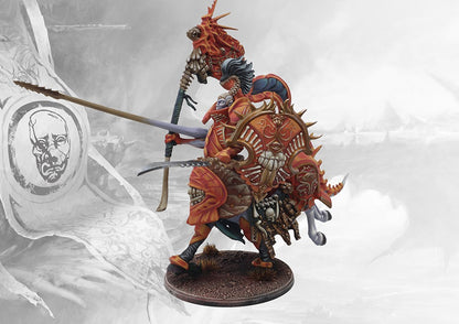 Dynamic view of a painted Conquest Centaur Avatara cavalry model, showing its side profile and bladed weapons.
