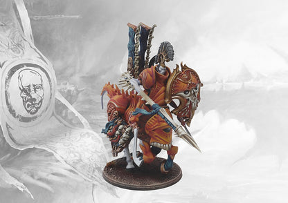 Close-up of a fully painted Spires Centaur Avatara heavy cavalry miniature armed with a lance and shield.