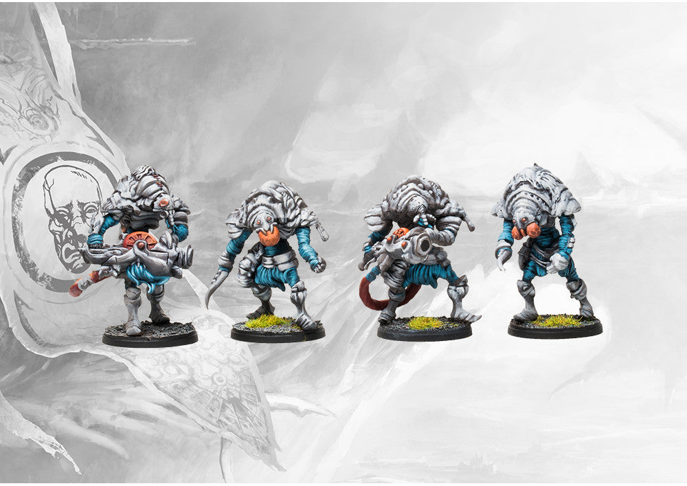 Four individual, fully painted Desolation Drones miniatures, the suppressive infantry unit for the Spires faction.