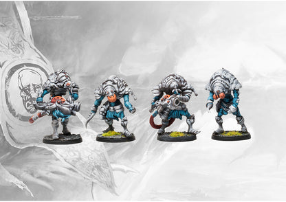 Four individual, fully painted Desolation Drones miniatures, the suppressive infantry unit for the Spires faction.