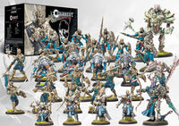 A collection of painted Conquest Spires miniatures from the Cohort Starter Set, including the High Clone Executor, Ward Preceptor, Vanguard Clones, and Incarnate Sentinel.