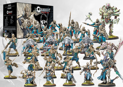 A collection of painted Conquest Spires miniatures from the Cohort Starter Set, including the High Clone Executor, Ward Preceptor, Vanguard Clones, and Incarnate Sentinel.