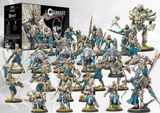 A collection of painted Conquest Spires miniatures from the Cohort Starter Set, including the High Clone Executor, Ward Preceptor, Vanguard Clones, and Incarnate Sentinel.