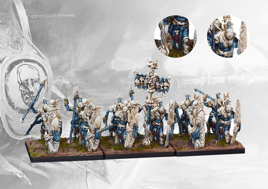 Fully painted formation of Conquest Spires Force-Grown Drones, highlighting the light infantry models, shields, spears, and optional Pheromonic Node command model.