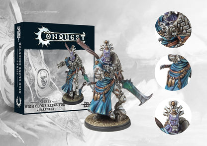Box art for the Conquest: The Spires High Clone Executor Character (Plastic), a competent military officer miniature with an alternative head option.
