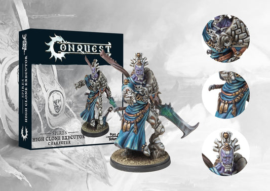Box art for the Conquest: The Spires High Clone Executor Character (Plastic), a competent military officer miniature with an alternative head option.