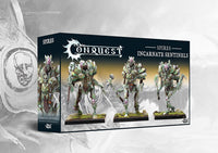 Box art for the Conquest: The Spires Incarnate Sentinels Regiment Expansion Set, featuring three heavy Brute plastic models.