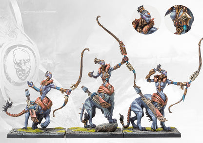 Close-up of the painted Leonine Avatara miniatures, highlighting the unique leonine lower bodies and elite ranged Avatara detail.