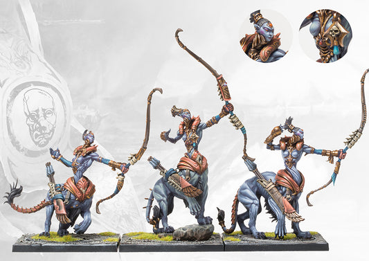 Close-up of the painted Leonine Avatara miniatures, highlighting the unique leonine lower bodies and elite ranged Avatara detail.