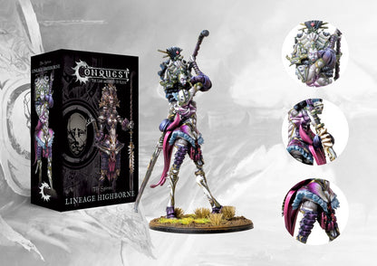 Box art and close-up details of the Conquest Spires Lineage Highborne, showing the tall, elegant character model with purple and pink robes and ornate bone armor.