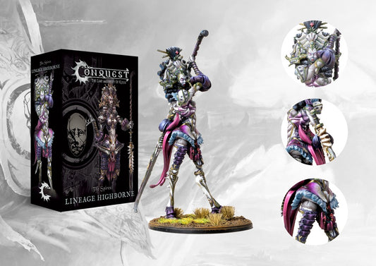 Box art and close-up details of the Conquest Spires Lineage Highborne, showing the tall, elegant character model with purple and pink robes and ornate bone armor.
