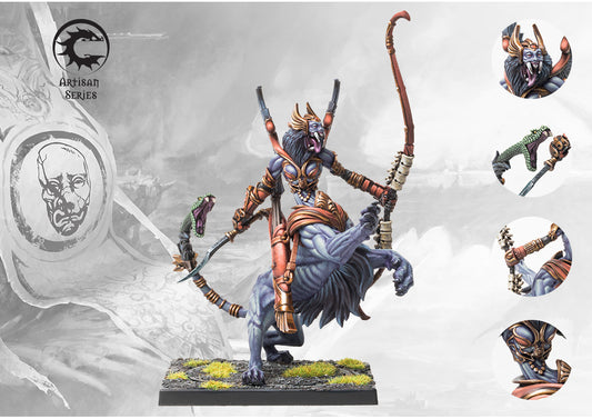 Painted Conquest: The Spires Lineage Prideborne (Artisan Series) resin miniature, a faster cavalry character armed with a great bow and scimitar, leading Leonine Avatara.