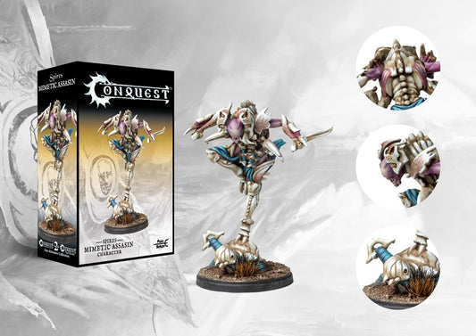 Box art and close-up details of the Conquest Spires Mimetic Assassin, the elite pheromonic manipulation character designed for infiltration and ambushing enemy leaders.