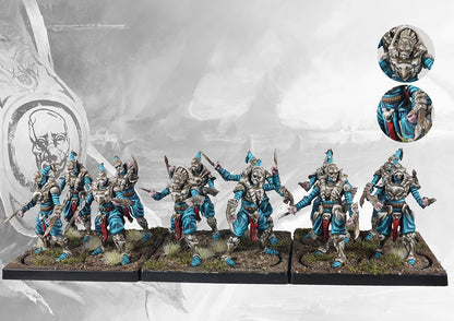 Fully painted Onslaught Drones regiment for Conquest, showcasing their hyper-aggressive plastic medium infantry models and blue/white armor.