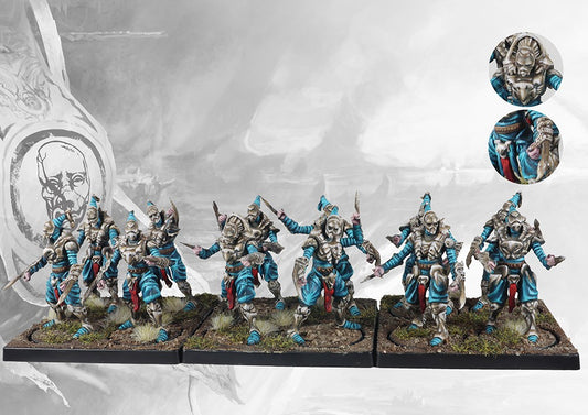 Fully painted Onslaught Drones regiment for Conquest, showcasing their hyper-aggressive plastic medium infantry models and blue/white armor.