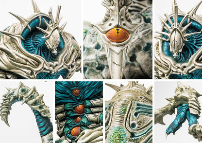 Collage of close-up details on the Siegebreaker Behemoth model, showcasing the grotesque eye, bone carapace, and exposed blue muscle tissue.