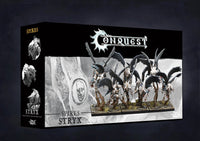 Box art for the Conquest: The Spires Stryx Regiment Expansion Set, featuring 12 winged, light infantry miniatures.