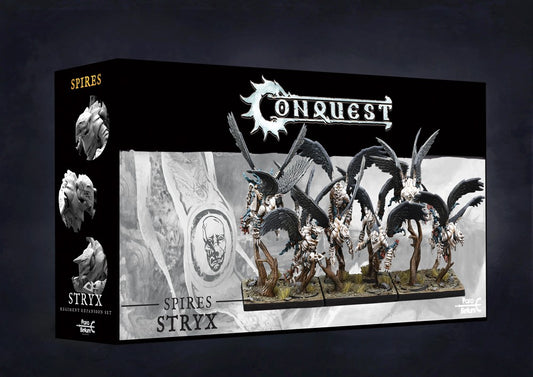 Box art for the Conquest: The Spires Stryx Regiment Expansion Set, featuring 12 winged, light infantry miniatures.