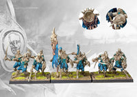 Fully painted regiment of Conquest Spires Vanguard Clones, showcasing the melee infantry unit with curved blades, shields, and command banner details.