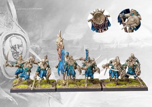 Fully painted regiment of Conquest Spires Vanguard Clones, showcasing the melee infantry unit with curved blades, shields, and command banner details.