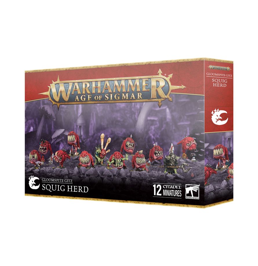 The official retail product box for the Squig Herd miniature kit, featuring the fully assembled and painted Gloomspite Gitz models.