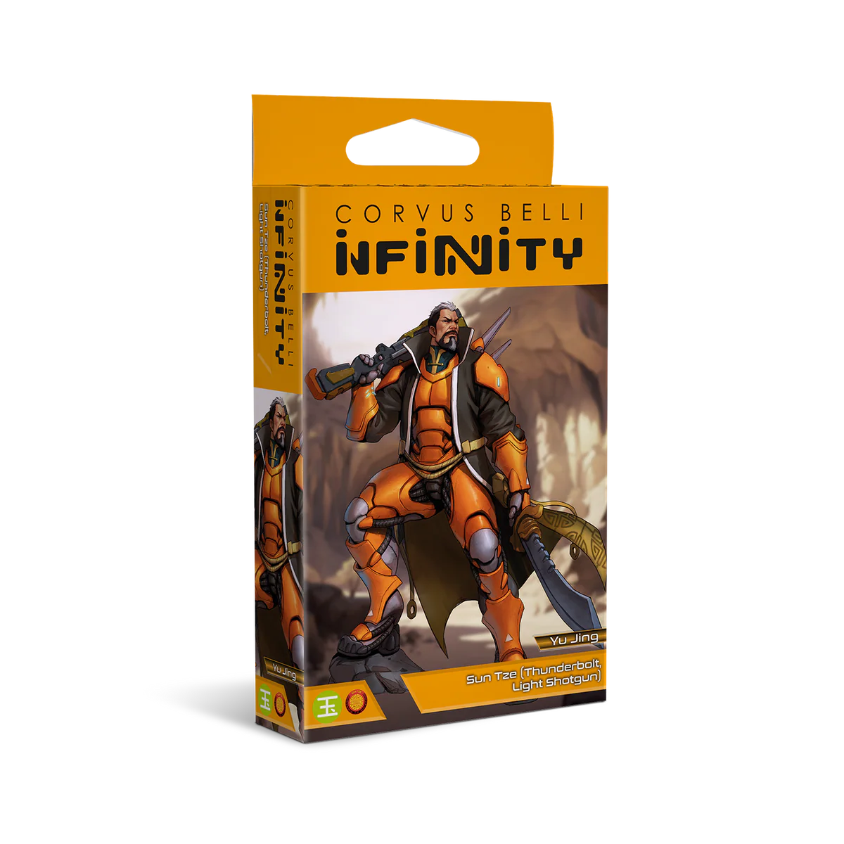Front box art of the Infinity Yu Jing Sun Tze (Vulkan Shotgun) miniature packaging.