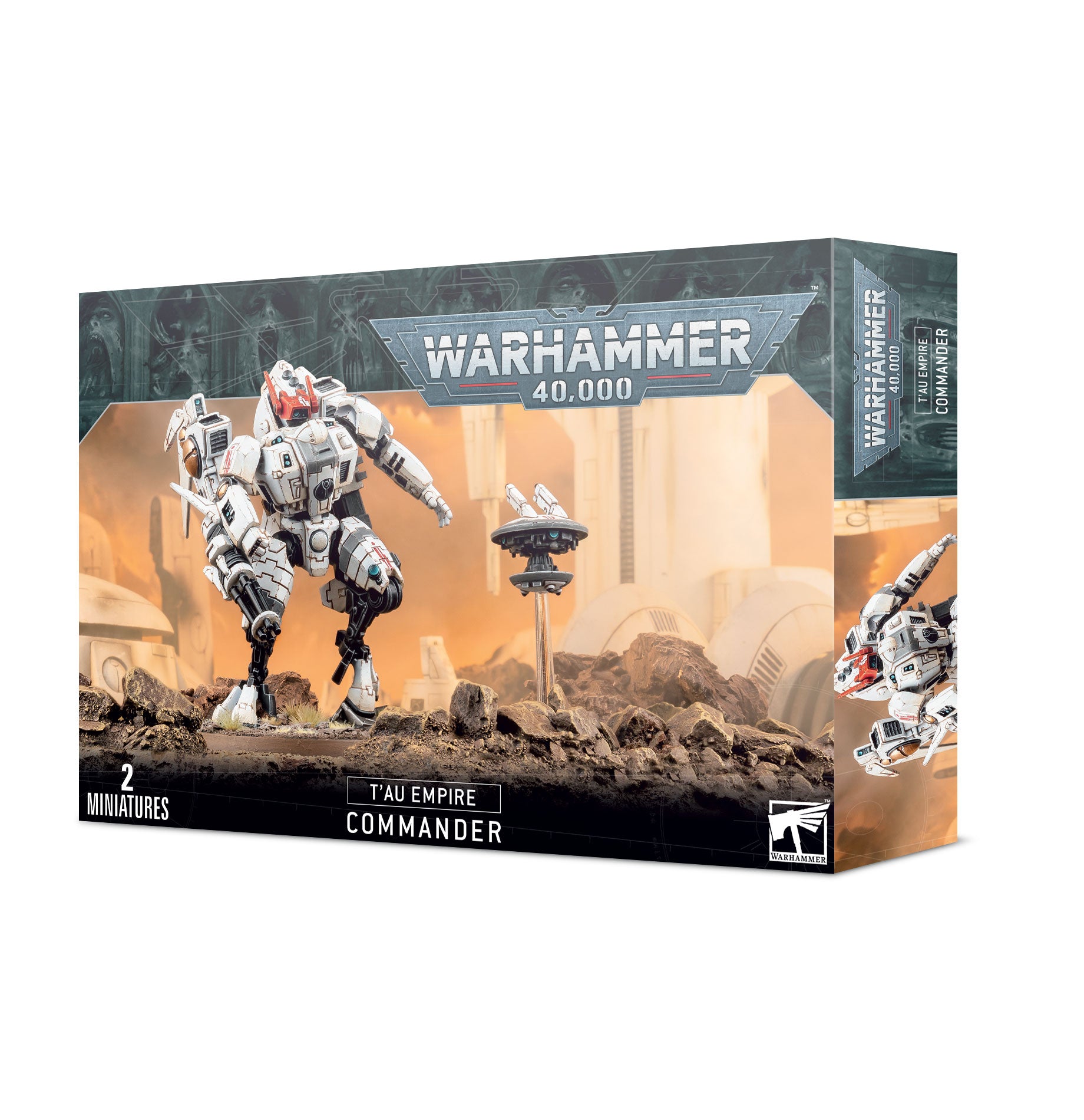 Box art for a T'au Empire Commander battlesuit in white and grey armor standing on a rocky desert landscape next to a floating drone. Christchurch, NZ.