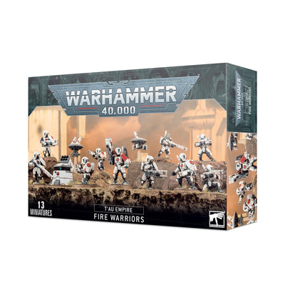 The official retail product box for the T'au Empire: Fire Warriors Strike Team miniature kit, showing infantry shock troops.