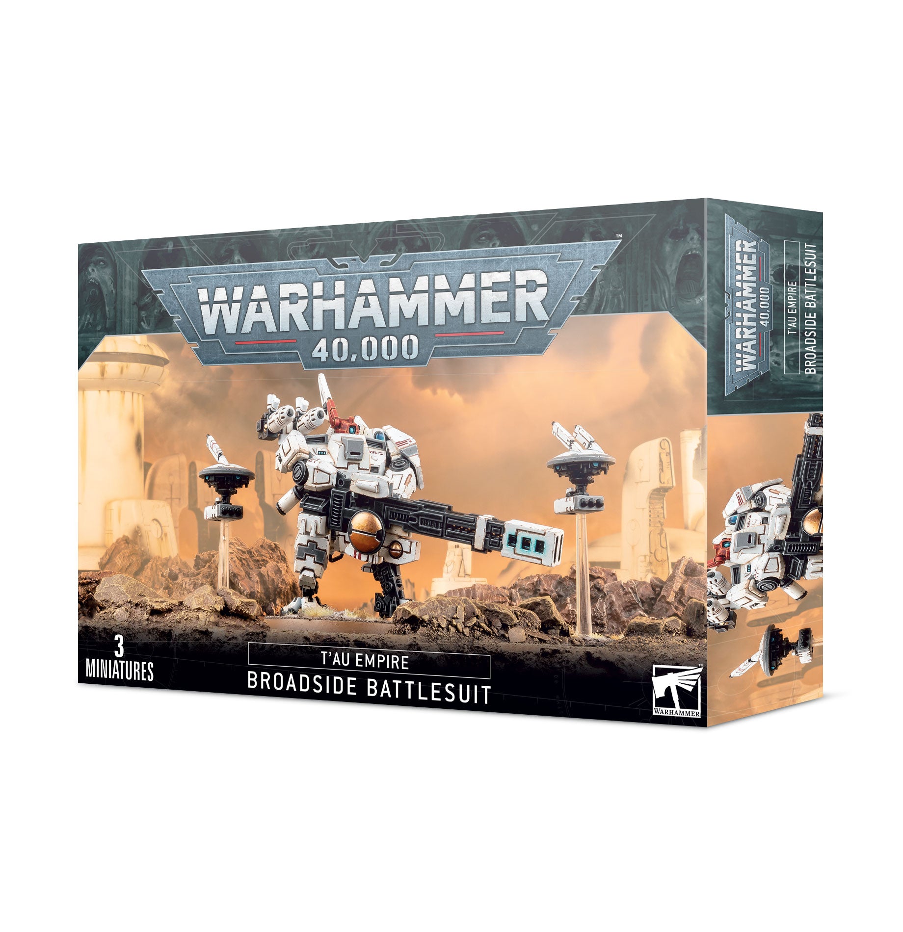Box art for a T'au Empire Broadside Battlesuit in white armor holding a massive rail rifle on a rocky desert field with two drones. Christchurch, NZ.