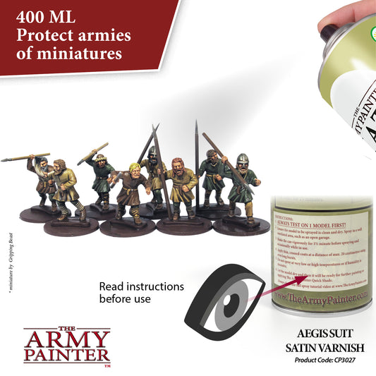 The Army Painter Aegis Suit Satin Varnish can with miniature figures and text on a white background
