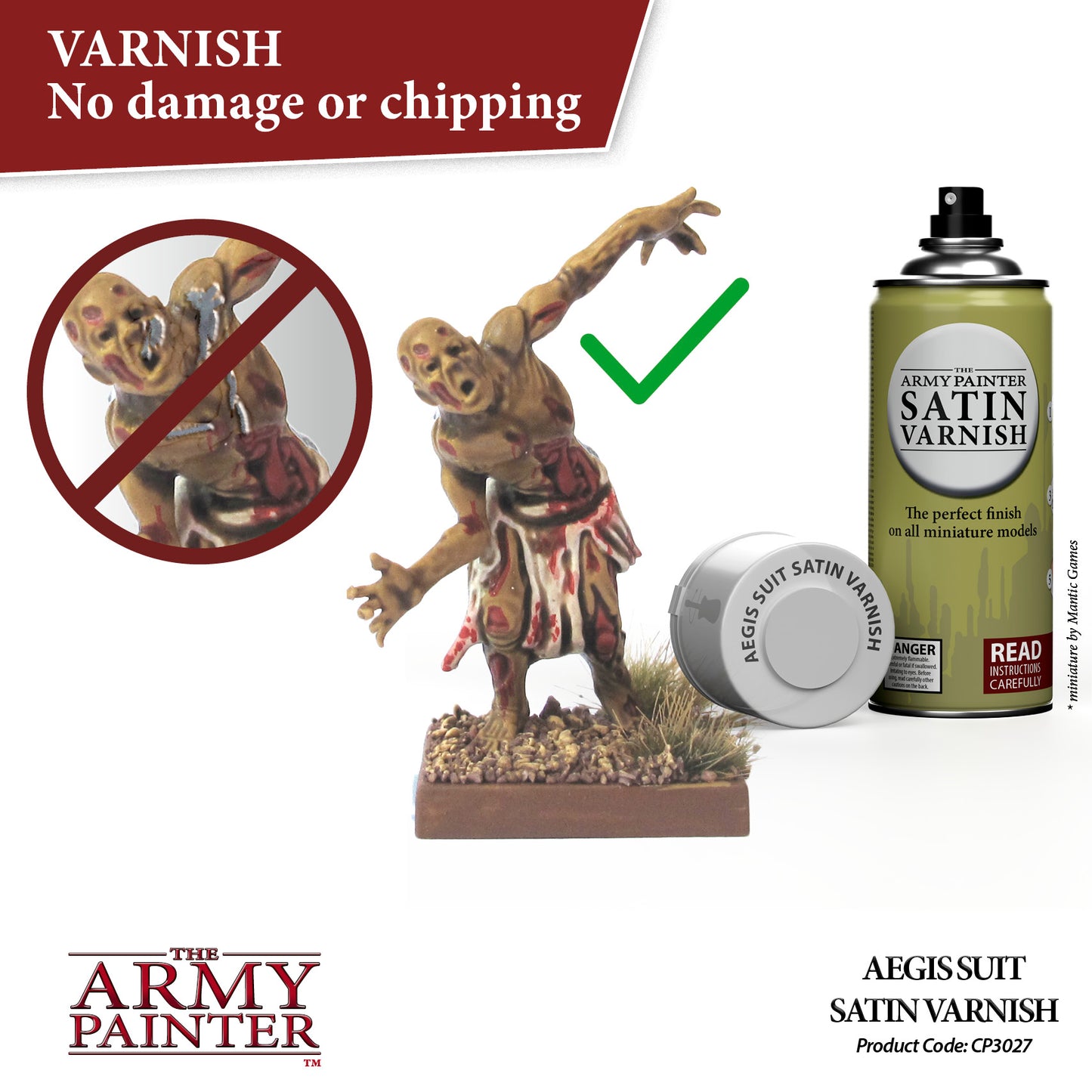Advertisement for 'The Army Painter' satin varnish with a model figure and spray can.