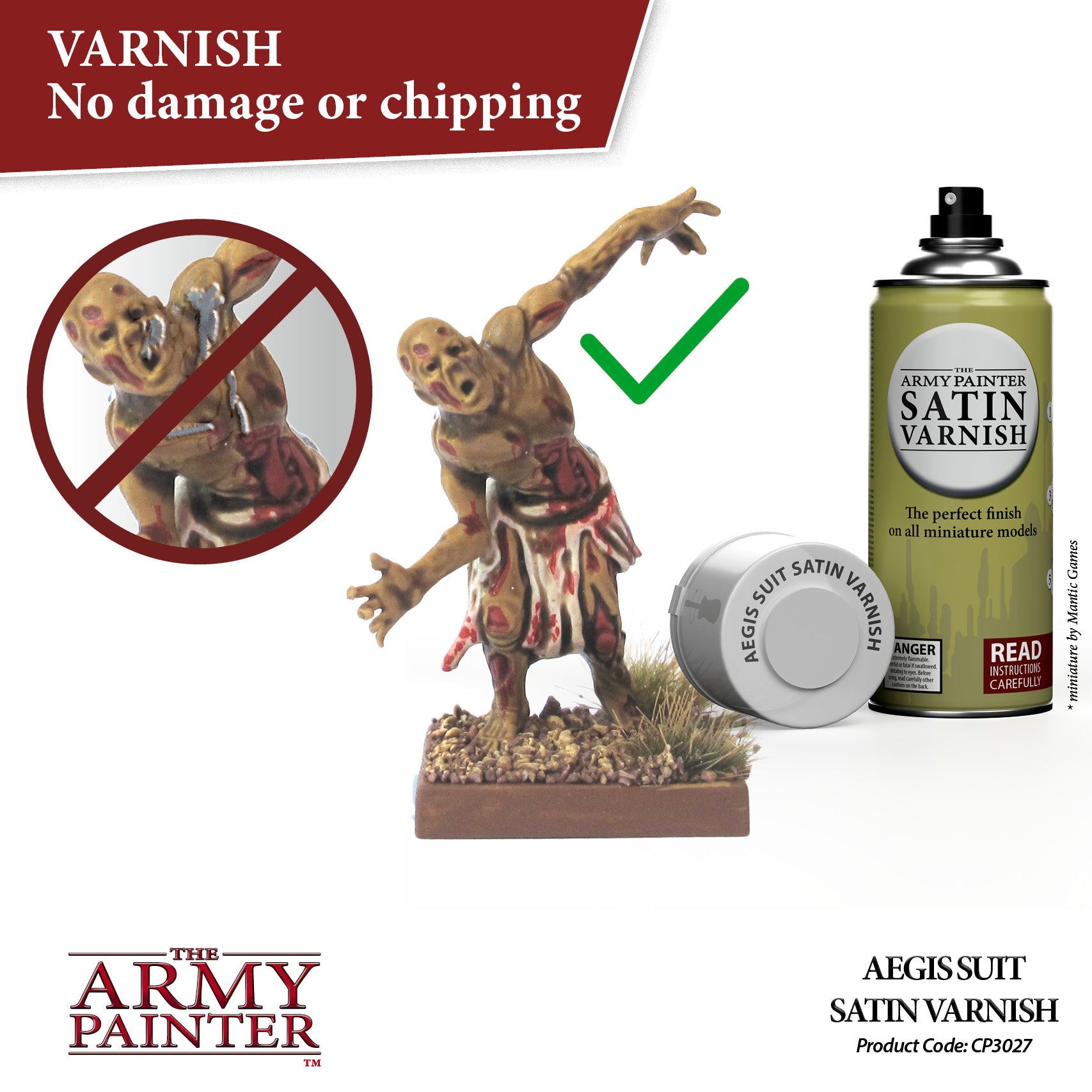Advertisement for 'The Army Painter' satin varnish with a model figure and spray can.