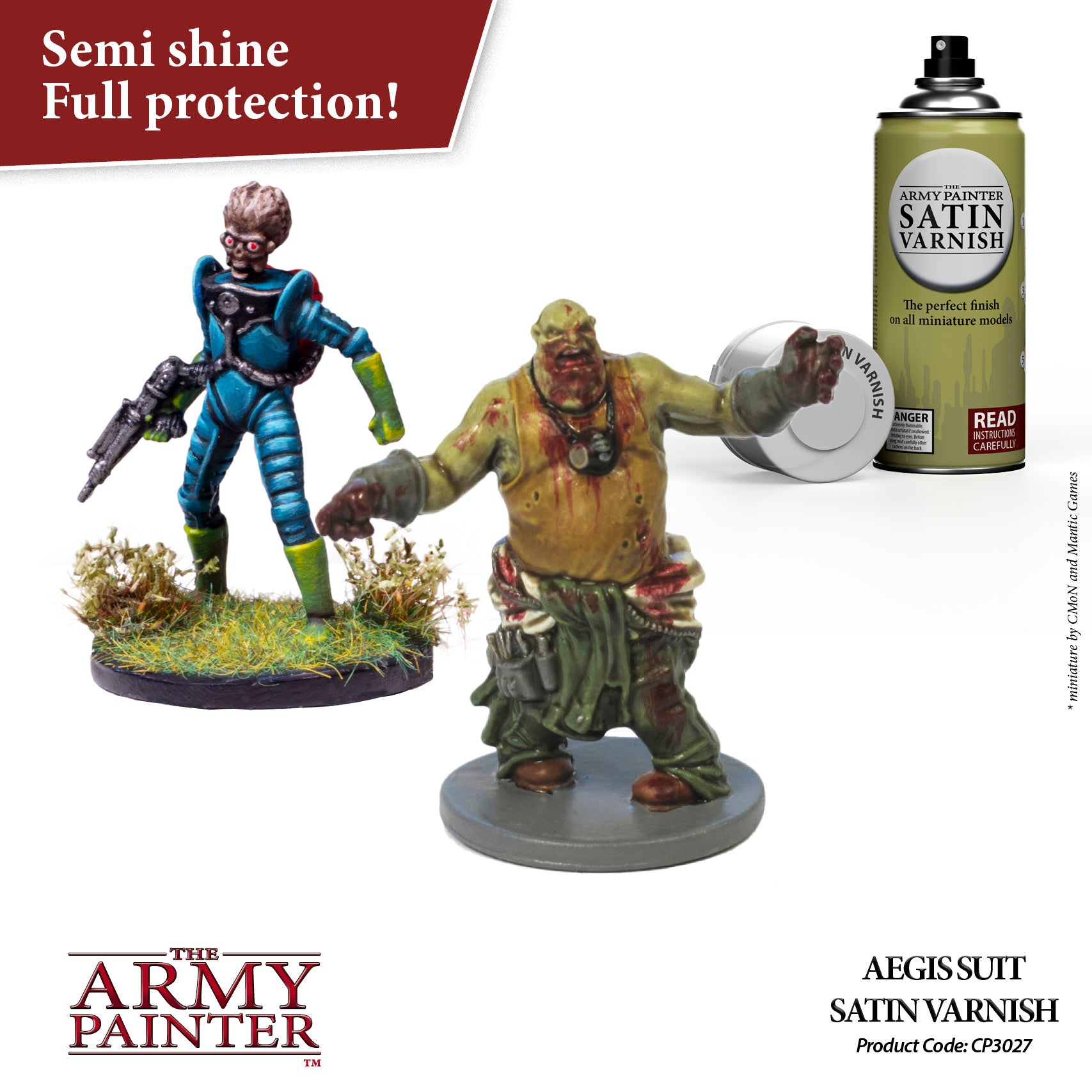 Two painted miniatures with a can of 'The Army Painter' satin varnish on a white background.