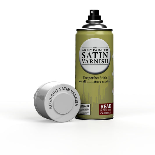A can of The Army Painter Aegis Suit Satin Varnish spray, the perfect protective finish for miniature models.