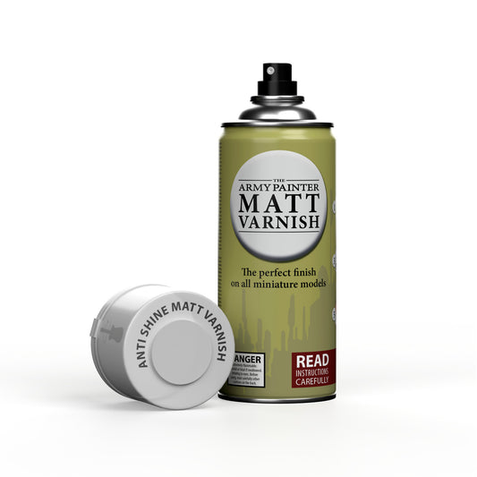 A can of The Army Painter Anti-Shine Matt Varnish spray, the perfect finish for protecting miniature models.