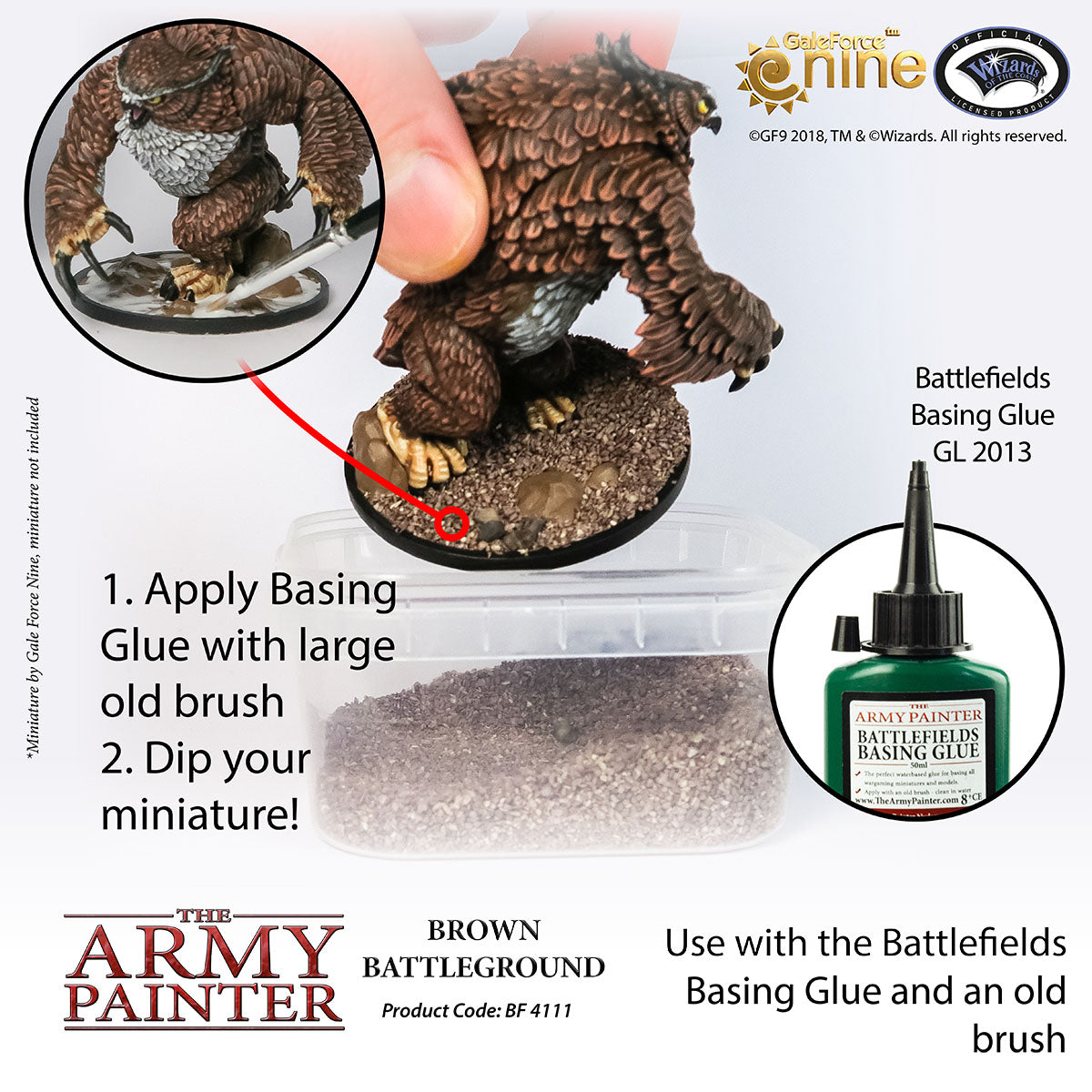 Advertisement for The Army Painter Brown Battleground with a miniature figure and gluing instructions.