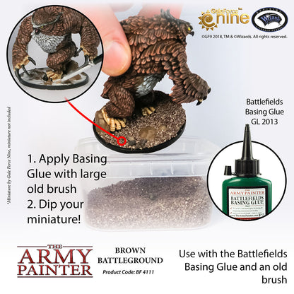 Advertisement for The Army Painter Brown Battleground with a miniature figure and gluing instructions.