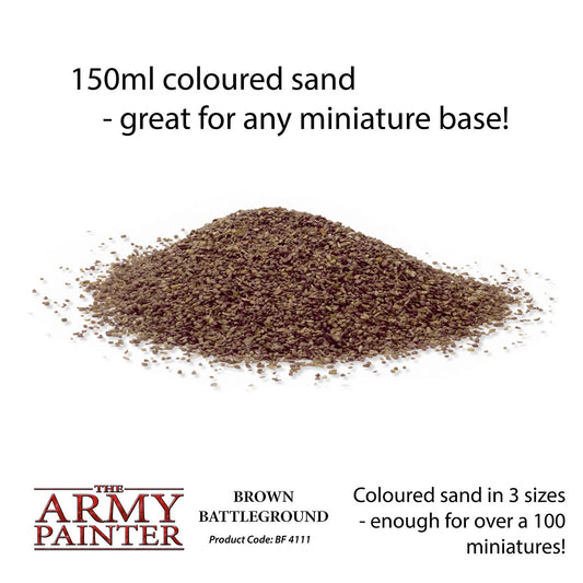 Brown colored sand with text about its use for miniature bases, brand 'The Army Painter' visible.