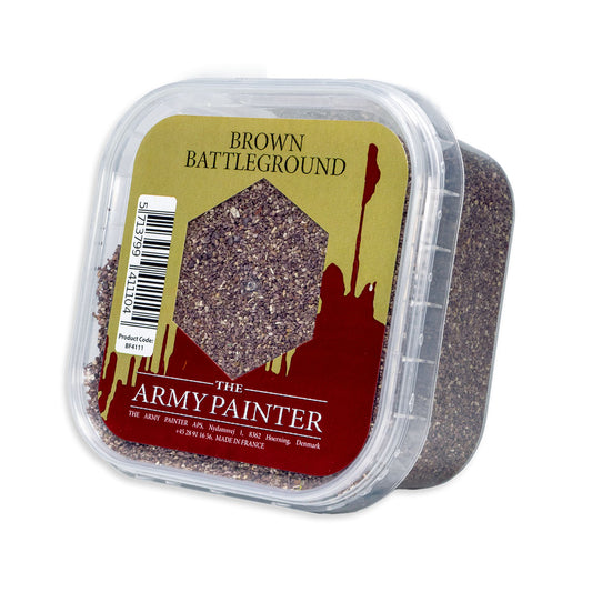 A tub of The Army Painter Brown Battleground, a mix of brown sand and fine gravel for basing miniatures and creating scenery.