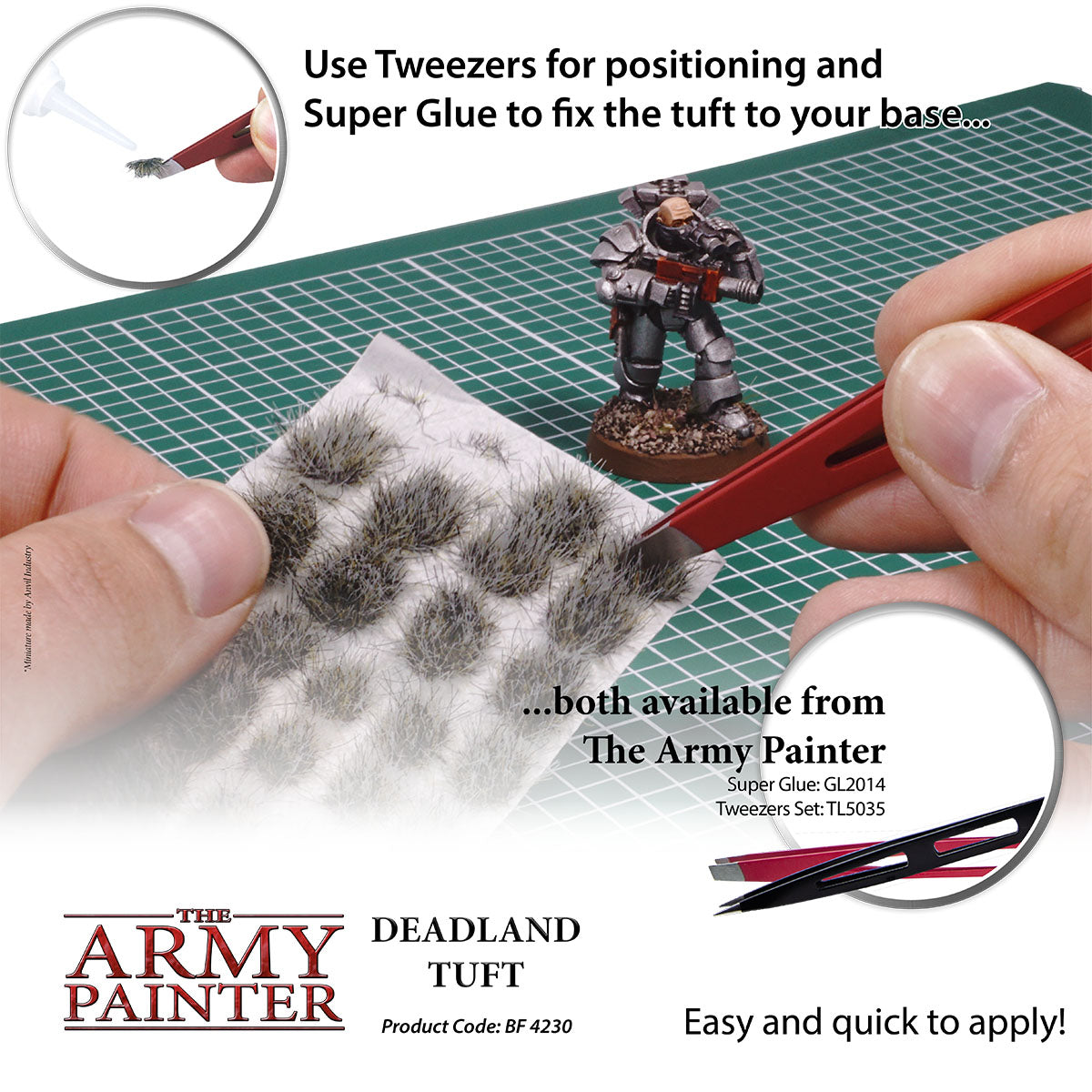 Person applying Deadland Tuft to a miniature figure with text about using tweezers and Super Glue, and branding of The Army Painter.