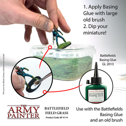 Instructional image on applying Basing Glue to miniatures with The Army Painter branding.