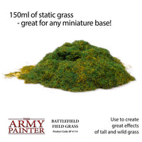 Heap of battlefield field grass with text about its use for miniature bases, brand 'The Army Painter' visible.