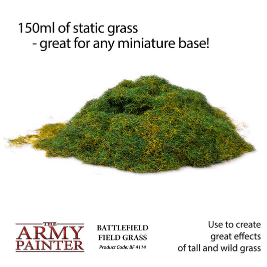 Heap of battlefield field grass with text about its use for miniature bases, brand 'The Army Painter' visible.
