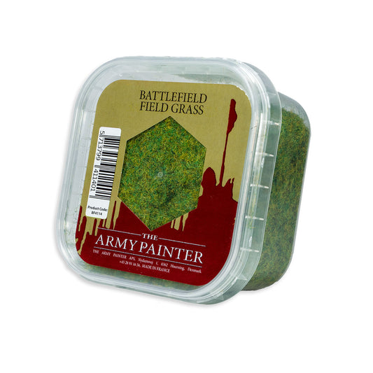 A tub of The Army Painter Battlefield Field Grass, a static grass material for basing miniatures and creating scenery.
