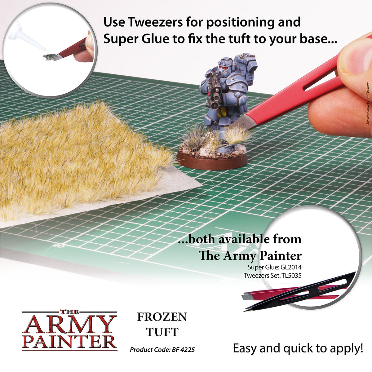 Advertisement for The Army Painter's Frozen Tuft and tools on a green cutting mat.