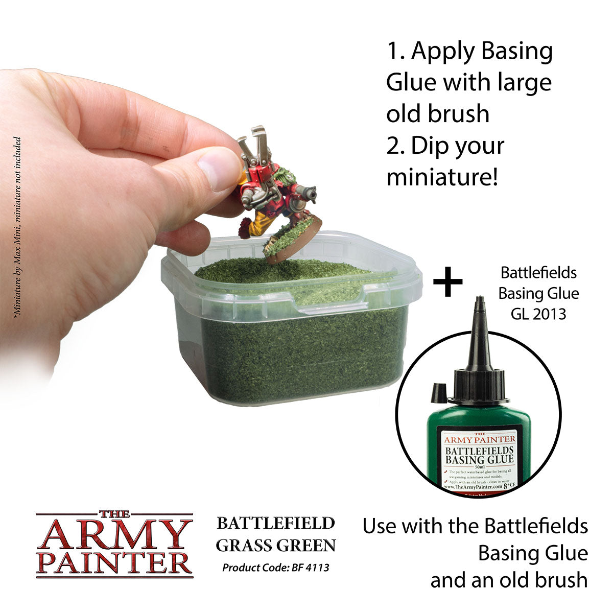 Miniature figure being dipped into a container of green paint with text on how to use Battlefields Basing Glue.