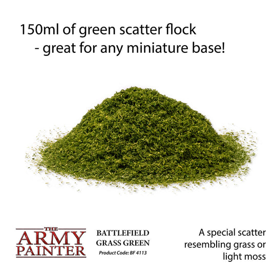 Pile of green scatter flock with text about its use for miniature bases, brand 'The Army Painter' visible.