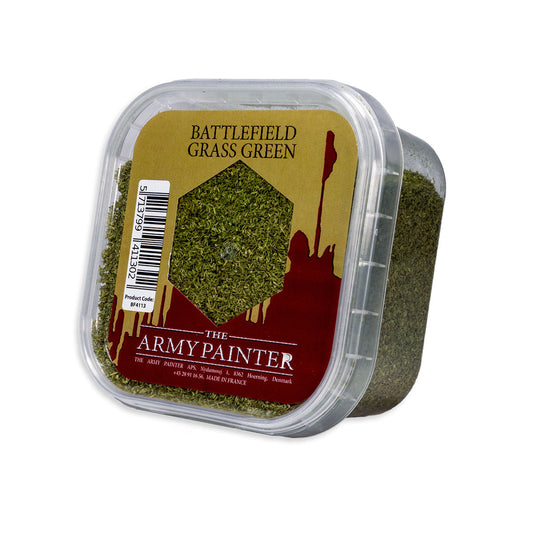 A tub of The Army Painter Battlefield Grass Green, a fine green flock material for basing miniatures and creating scenery.