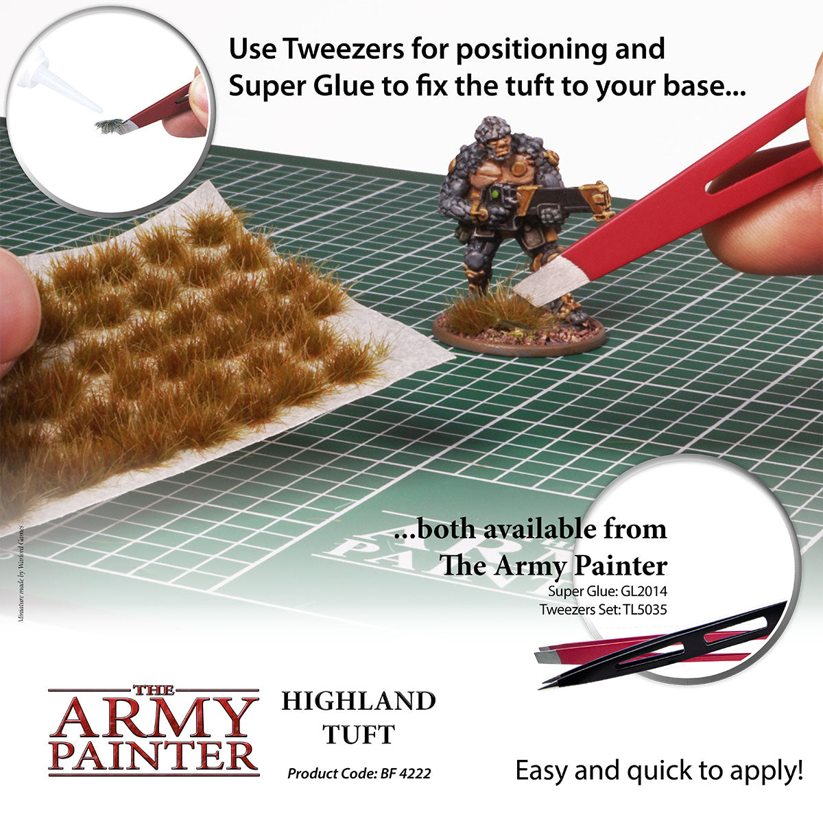 Model building tutorial with tweezers and super glue on a grid surface, featuring 'The Army Painter' brand.